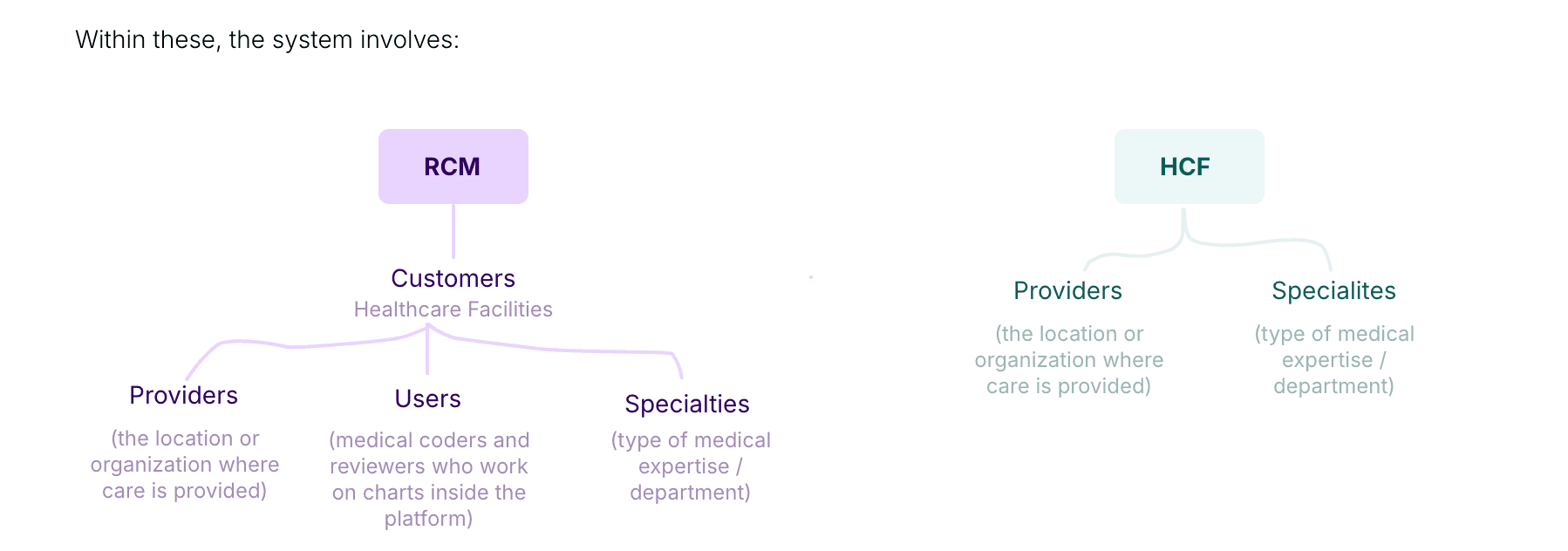 Codio AI customer structure showing RCM and HCF organizations, providers, users, and specialties