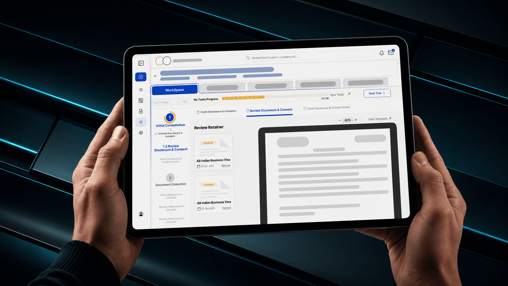 GlobalCodio AI case workspace displayed on a tablet