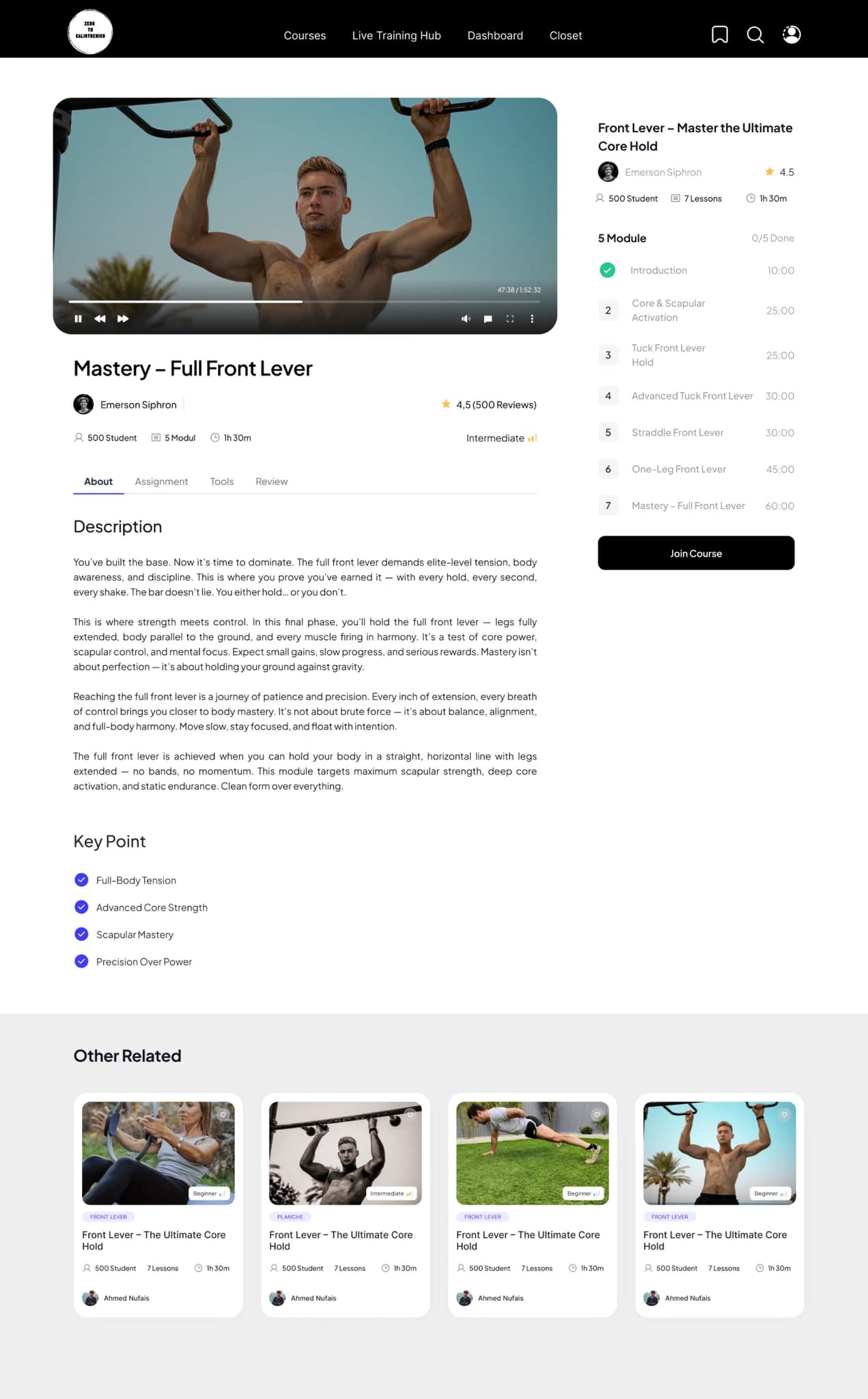 Live class hub with schedule navigation